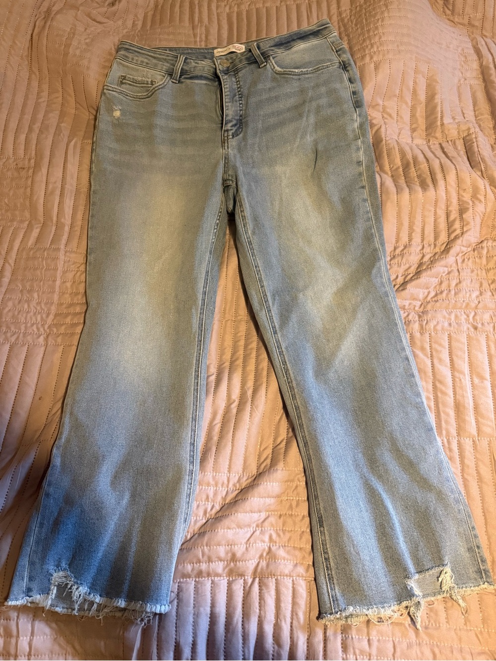 Light Wash Women’s Flare Jeans with Raw Hem